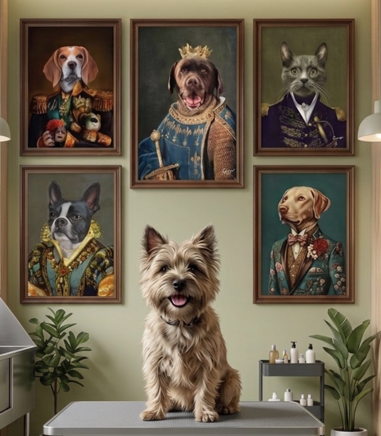 Léon, Cairn terrier, posé sur la table de toilettage du salon Maison Dandy Dogs à Incourt